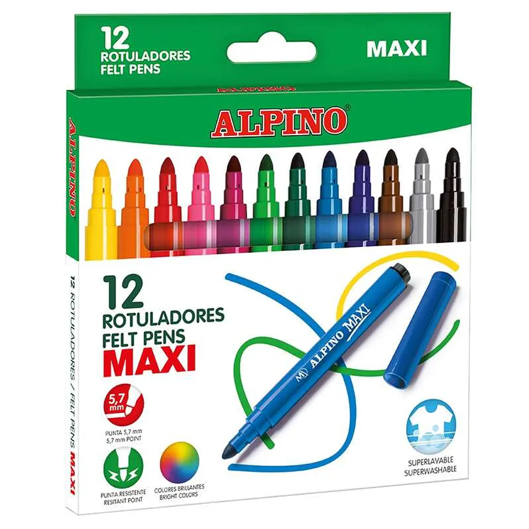 Alpino Maxi Pack de 12 Rotuladores Gruesos - Punta de 6mm - Superlavables, Resistentes, Duraderos y de Colores Brillantes - Ideal para Uso Escolar - C 1