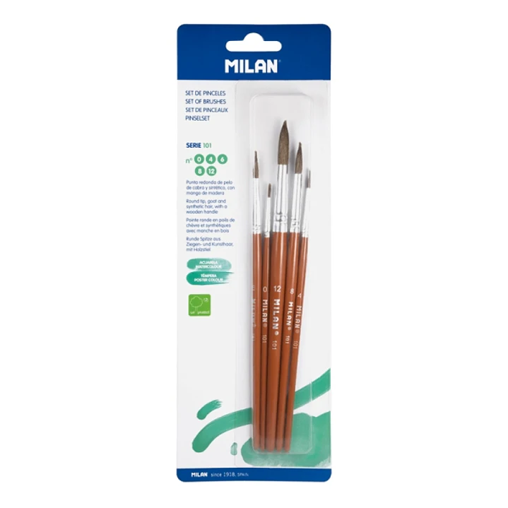 Milan 101 Pack de 5 Pinceles Redondos - Formatos Surtidos - Pelo de Cabra y Sintetico - Color Madera Oscuro 1
