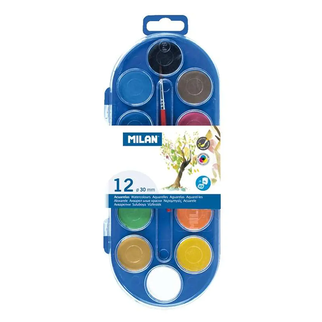 Milan Estuche de 12 Acuarelas Ø30 mm + Pincel  Serie 101 - Mezclable - Colores Surtidos 1