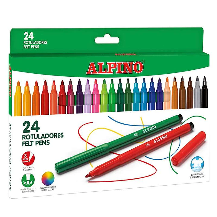 Alpino Pack con 24 Rotuladores de Colores - Punta de 3mm - Superlavables y Brillantes - Uso Escolar - Desarrolla la Creatividad - Colores Surtidos 1