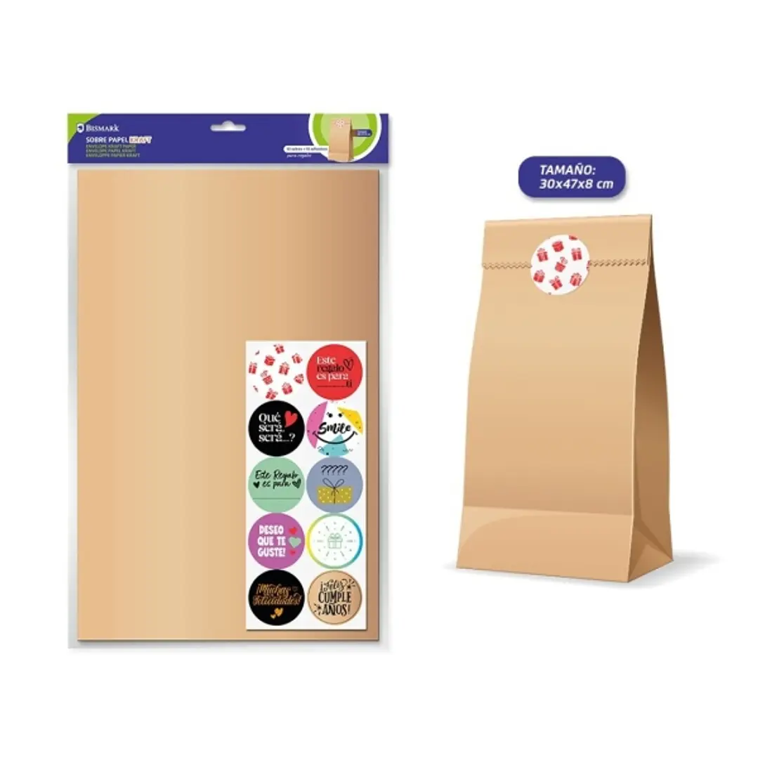 Bismark Pack de 10 Sobres Papel Kraft 50grs con 10 Pegatinas para Cierre - Medidas 30x47x8cm - Ideal para Regalos - Color Marron Kraft 1