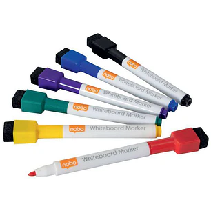 Nobo Mini Rotulador Pizarra Blanca con Tapa Borrador Magnetica - 6 Colores Surtidos - Punta Fina 2mm - Destaca en Pizarras Blancas