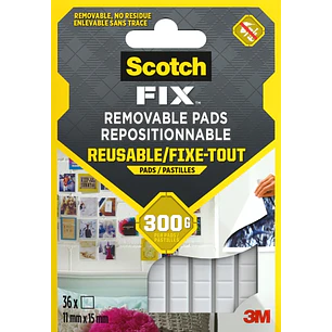 Scotch-Fix Pack de 36 Tiras Adhesivas Reutilizables - 11mm x 15mm - Color Blanco