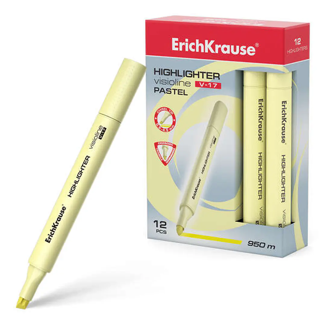 Erichkrause Visioline V-17 Pastel Marcador Fluorescente - Punta Biselada - Trazo de 0.6 a 4.5mm - Tinta a Base de Agua - Color Amarillo Pastel 1