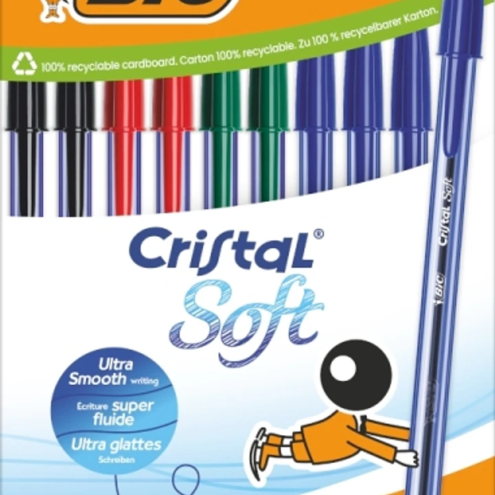 Bic Cristal Soft Pack de 10 Boligrafos de Bola - Punta Media de 1.2mm - Trazo 0.45mm - Escritura mas Fluida - Colores Surtidos 1