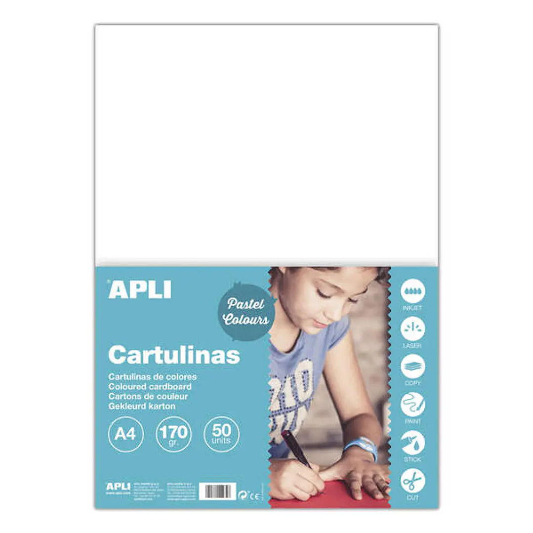 Apli Pack de 50 Cartulinas A4 170g - Libre de Acidos - Aptas para Uso Escolar - Color Blanco 1