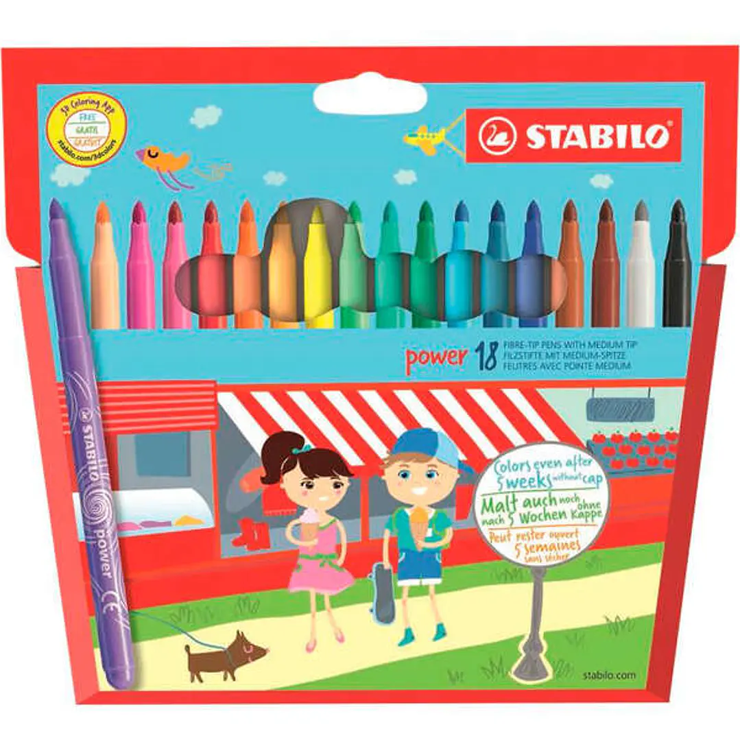 Stabilo Power Pack de 18 Rotuladores de Colores - Punta Media de 2mm - Tinta Lavable - Capuchon Ventilado - Colores Surtidos 1
