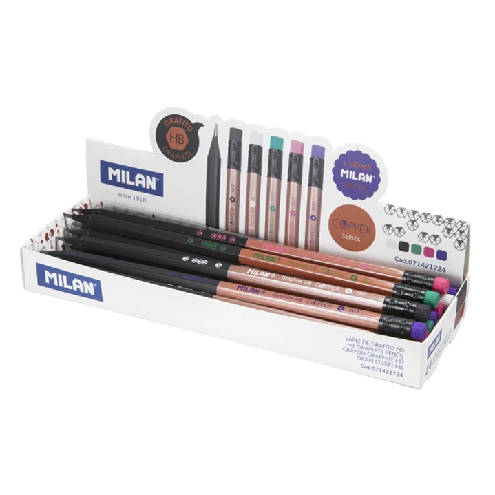 Milan Copper Expositor con 24 Lapices de Grafito HB - con Goma - Colores Surtidos 1