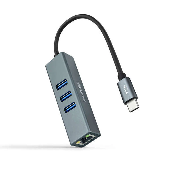 Nanocable Adaptador de Red USB-C a Ethernet Gigabit 10/100/1000 Mbps + 3 Puertos USB 3.0 1