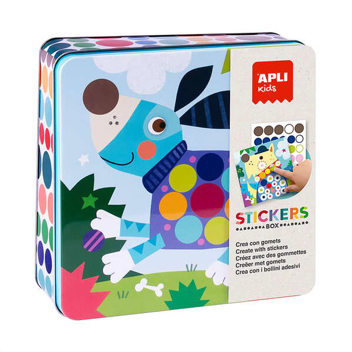 Apli Juegos de Gomets Perros en Caja Metalica - Incluye 8 Laminas Ilustradas y 8 Hojas de Gomets Removibles - Alto Valor Didactico - Colorido 1