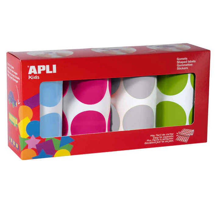 Apli Pack de 4 Rollos de Gomets Redondos Ø 45mm - 1416 Gomets por Pack - Adhesivo Permanente - Desarrollo de Habilidades en Niños Pequeños - Colores S 1