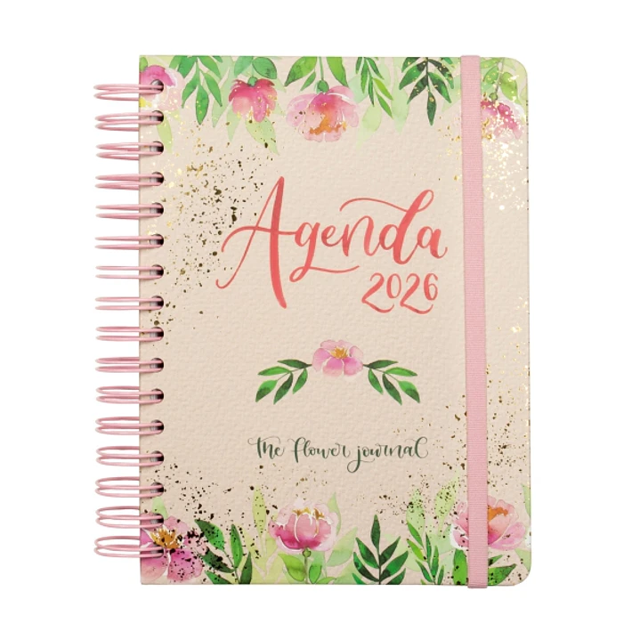 Finocam Flower Journal Agenda de Espiral en Catalan - Anual 2026 - Tapa Dura - Cierre de Goma - Formato E10 - 155X212mm - 1 Dia por Pagina - Color Ros 1