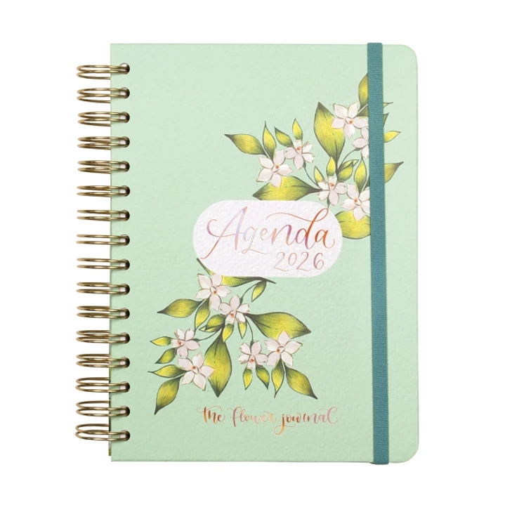 Finocam Flower Journal Agenda de Espiral - Anual 2026 - Tapa Dura - Cierre de Goma - Formato E10 - 155X212mm - 1 Dia por Pagina - Color Verde 1