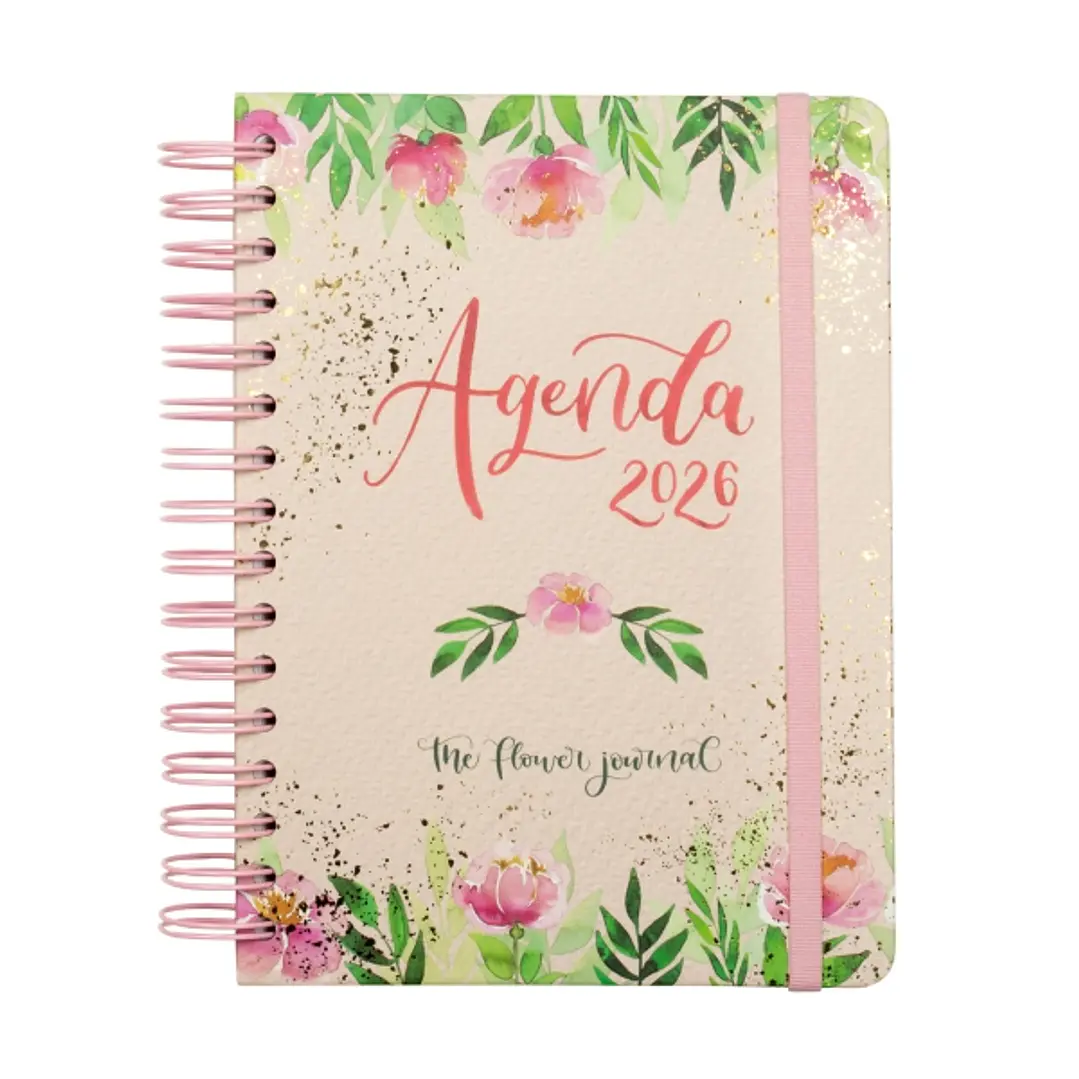 Finocam Flower Journal Agenda de Espiral - Anual 2026 - Tapa Dura - Cierre de Goma - Formato E10 - 155X212mm - 1 Dia por Pagina - Color Rosa 1