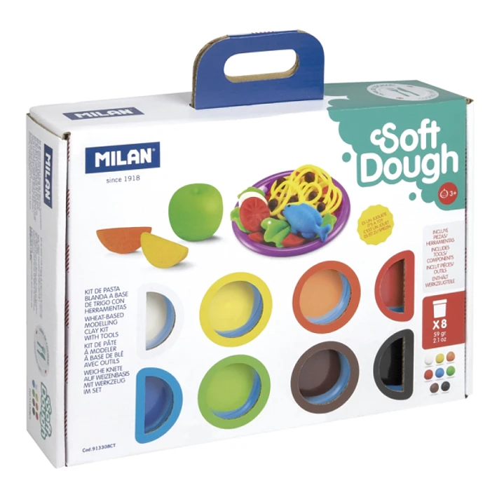 Milan Soft Dough Pack de 8 Botes de Pasta Blanda - Maletin con Herramientas - 59g por Unidad - 100% Vegetal - Moldeable - Sin Residuos - Colores Mezcl 1