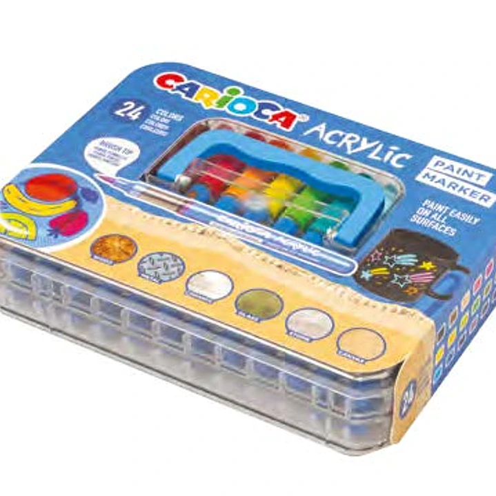 Carioca Acrylic Maleta de Plastico con 24 Marcadores de Pintura Acrilica - Punta Pincel - Tinta a Base de Agua - Alta Cobertura - Colores Surtidos 1