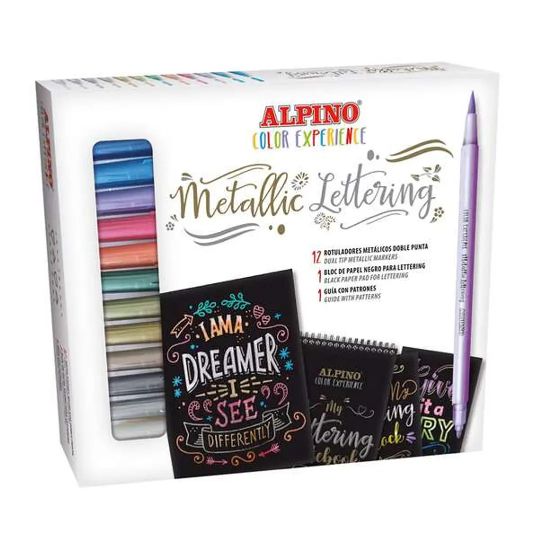 Alpino Color Experience Kit de Iniciacion al Lettering con 12 Rotuladores Metalicos de Doble Punta, Punta Fina y Punta Pincel + 1 Bloc de Papel Negro  1