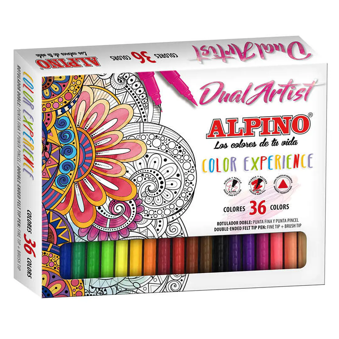 Alpino Dual Artist Color Experience Pack de 36 Rotuladores - Doble Punta (Fina de 0.7mm y Pincel de 2.9mm) - Forma Triangular Ergonomica - Colores Sur 1