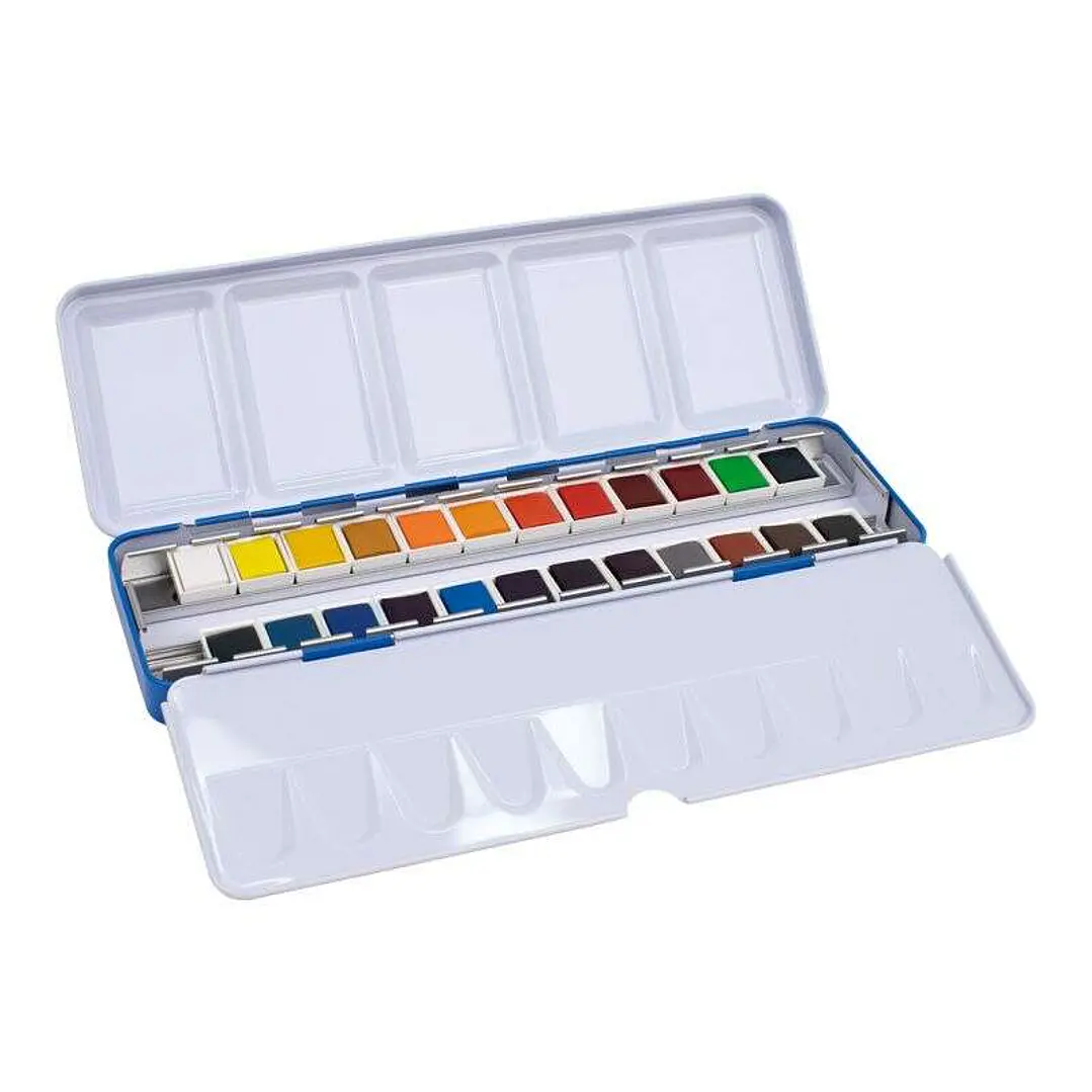 Milan Art Estuche Metalico de 24 Acuarelas Medio Godet - Opacos y Resistentes a la Luz - Mezclables - Bandeja Abatible - Colores Surtidos 1
