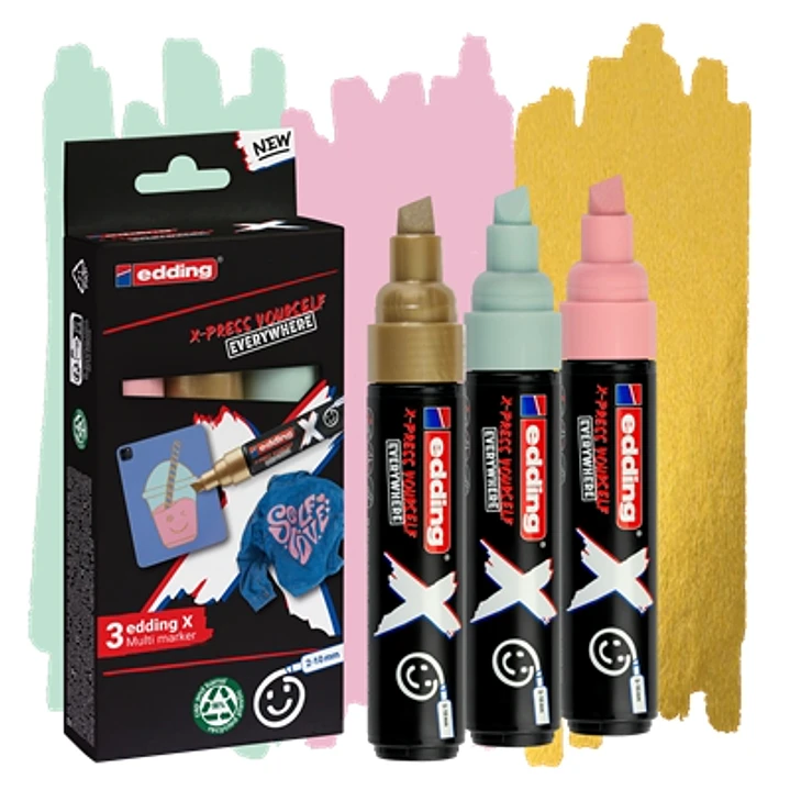 Edding X 6900 Pastel Pack de 3 Rotuladores Multisuperficie Permanentes de Tinta Opaca - Punta Biselada con Trazo 2-10mm - Color Oro, Verde Menta y Ros 1