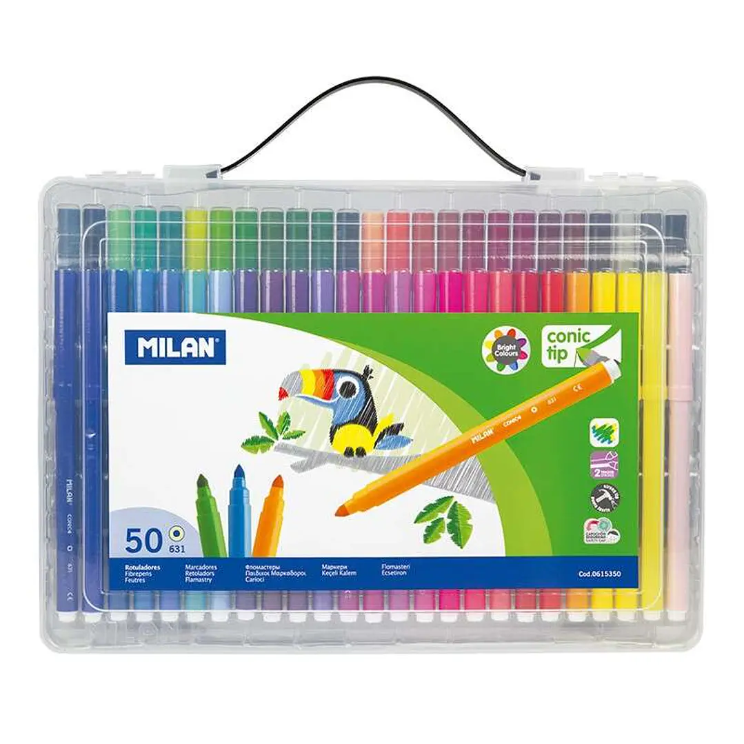 Milan Maletin de 50 Rotuladores de Punta Conica - Punta 5 mm - Tinta a base de agua - Mezclable entre si - Colores Surtidos 1
