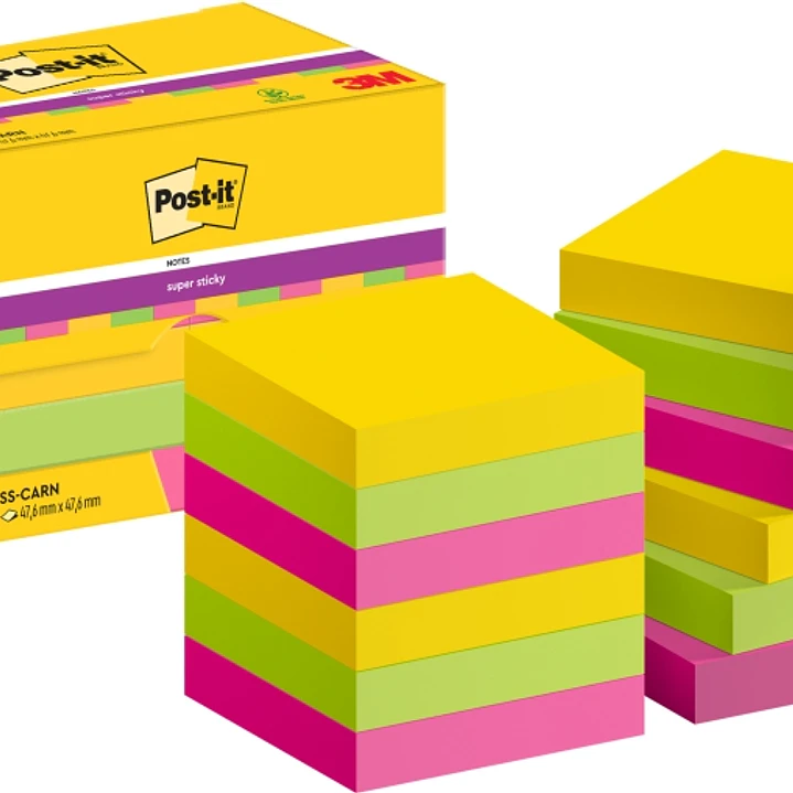 Post-It Super Sticky Pack de 12 Blocs de 90 Notas Adhesivas Reposicionables  47.6x47.6mm - Forma Cuadrada - Caja Dispensadora - Colores Surtidos 1