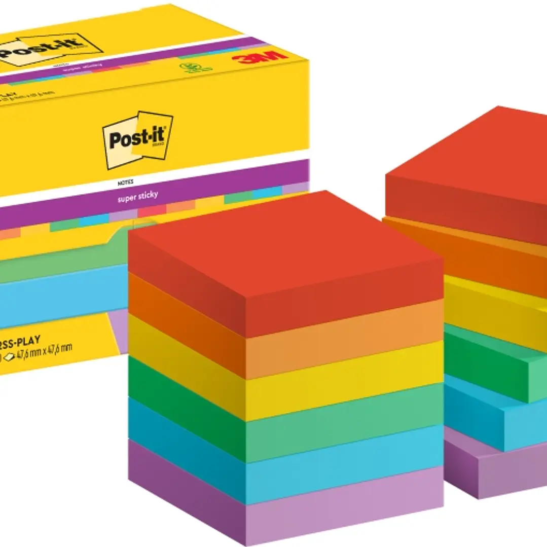 Post-It Super Sticky Pack de 12 Blocs de 90 Notas Adhesivas Reposicionables - Forma Cuadrada - 47.6x47.6mm - Colores Surtidos 1
