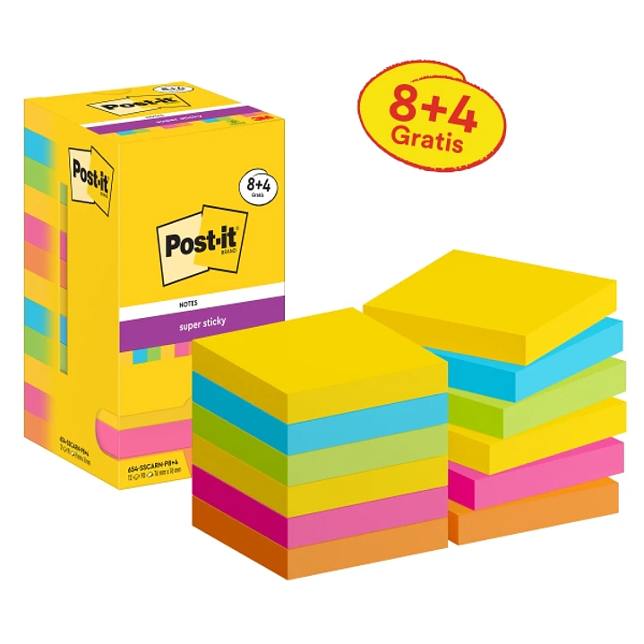 Post-It Super Sticky Pack de 12 Blocs de 90 Notas Adhesivas Reposicionables - Forma Cuadrada - 76x76mm - Colores Surtidos 1