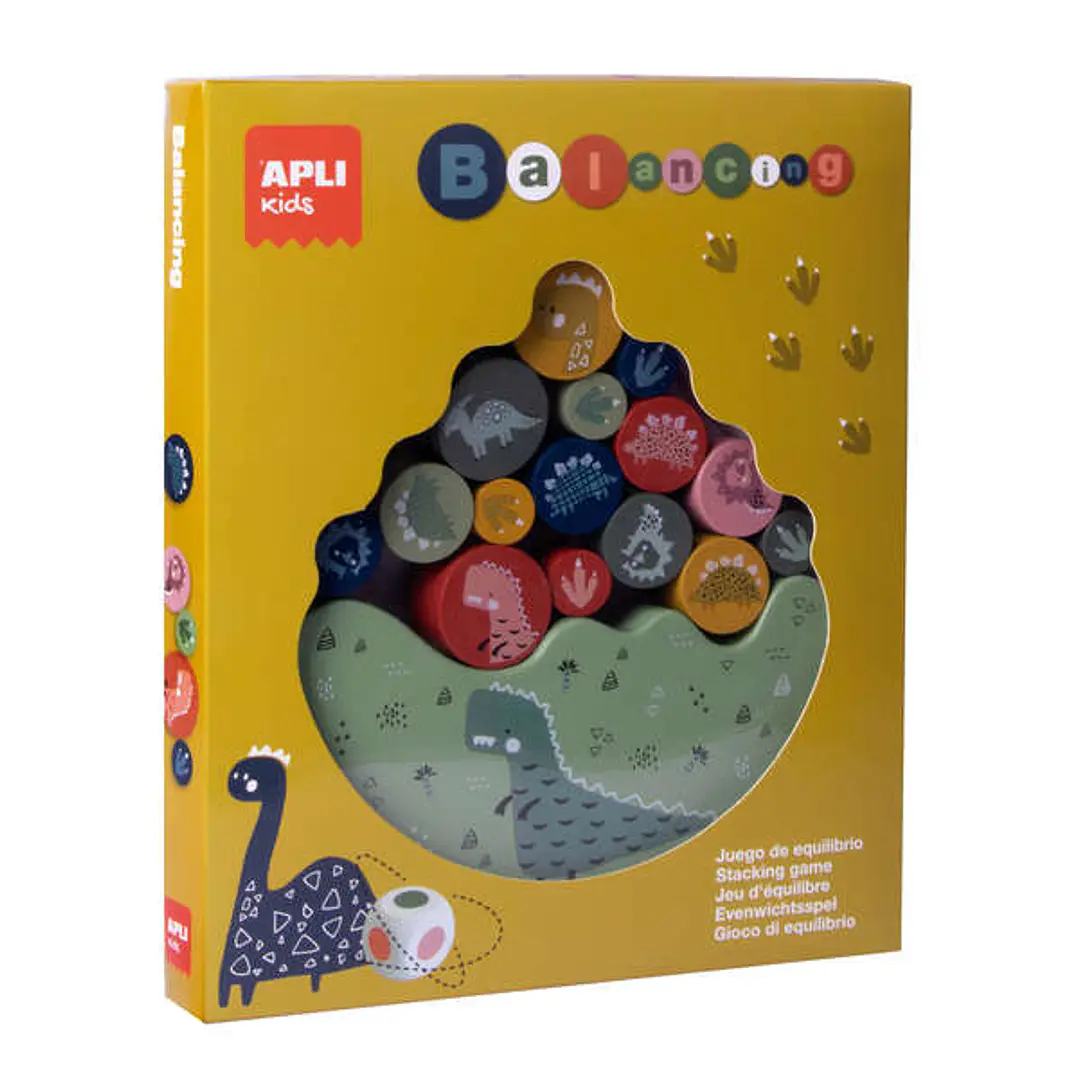 Apli Juego de Equilibrio Dinosaurios - 16 Piezas de Madera de Alta Calidad - Base Balanceante - Dado con Colores - 3 Tamaños de Dinosaurios - Color Na 1