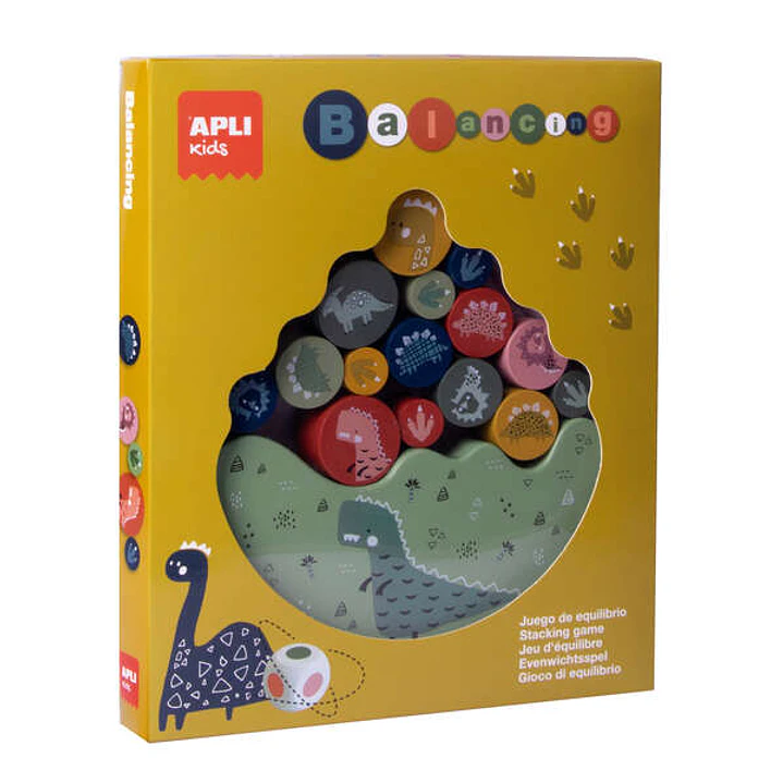 Apli Juego de Equilibrio Dinosaurios - 16 Piezas de Madera de Alta Calidad - Base Balanceante - Dado con Colores - 3 Tamaños de Dinosaurios - Color Na 1