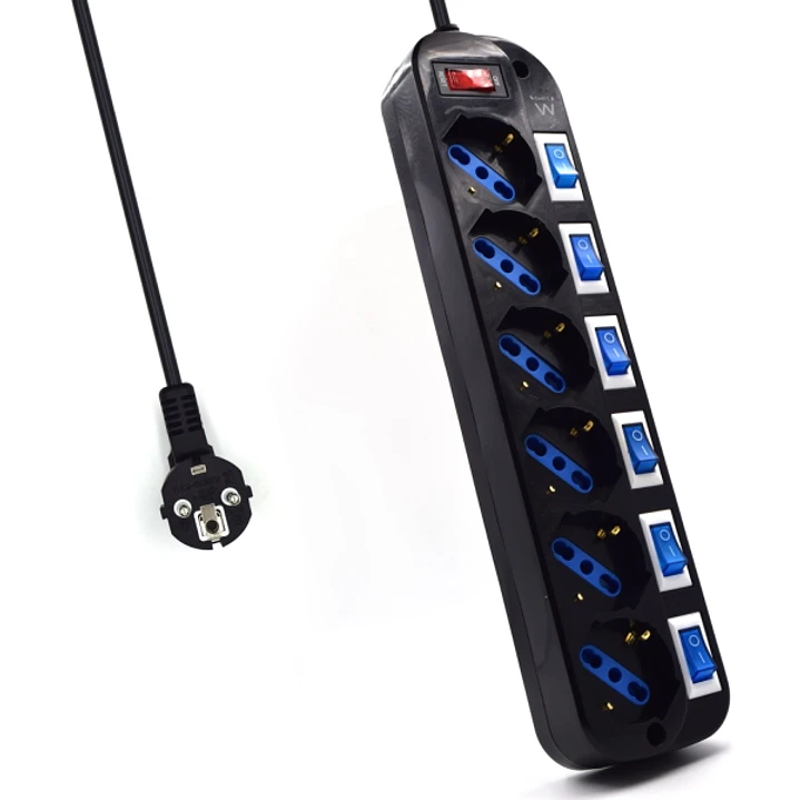 Ewent Regleta de 6 Tomas de Seguridad - 6x Schuko 16A - Proteccion contra Sobretension - Interruptor On/Off General e Individuales - Proteccion Infant 1