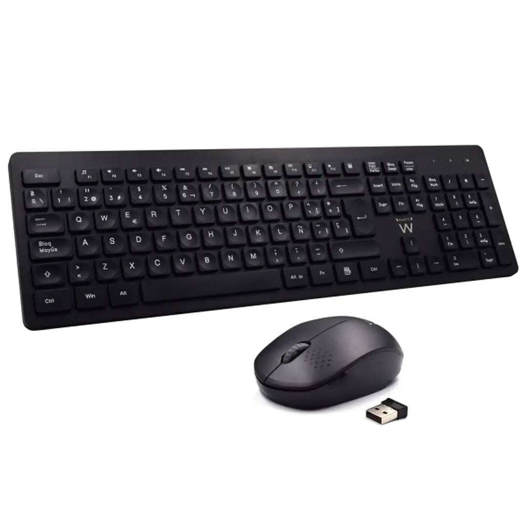 Ewent Pack Inalambrico 2.4hz KB+RATON - Teclado de Oficina con 13 Teclas Multimedia - Raton de Viaje - 1000dpi Unico - Receptor USB-A - 2 Bateria AA ( 1