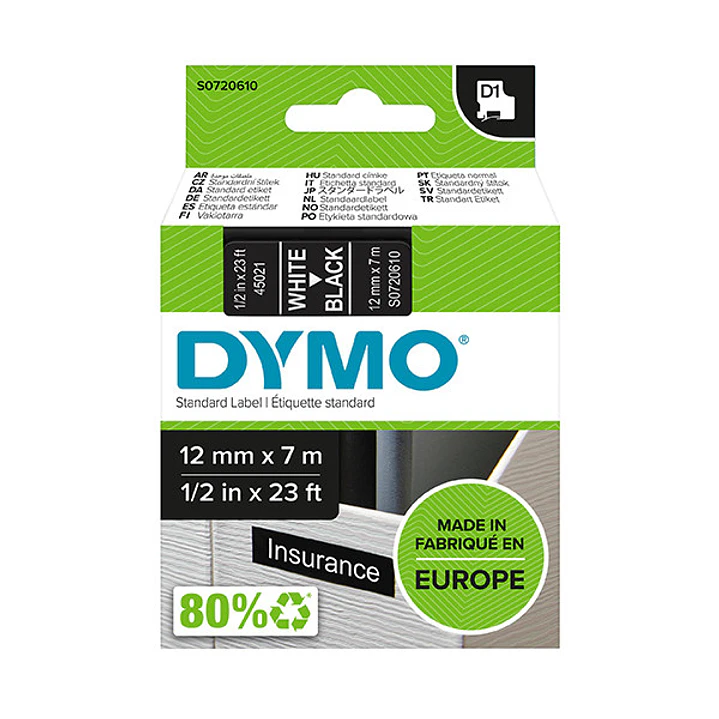 Dymo LM D1 45021 Cinta de Etiquetas Original para Rotuladora - Texto Blanco sobre Fondo Negro - Ancho 12mm x Largo 7m 1