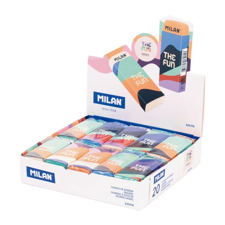 Milan The Fun Nata 320 Expositor con 20 Goma de Borrar Rectangular - Caucho Sintetico - Envuelta Individualmente - Faja y Goma de Varios Colores 1