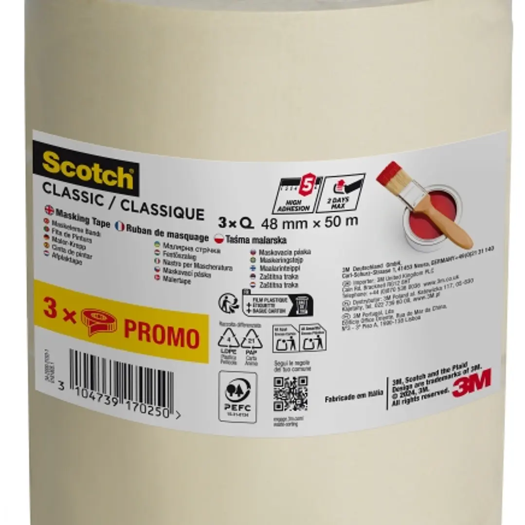 Scotch Classic Pack de 3 Cintas de Enmascarar - 48mm x 50m - 70% PEFC - Color Blanco 1