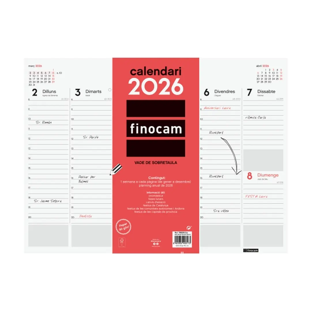 Finocam Vade Protector de Escritorio en Catalan - Anual 2026 - Encolado - 420x7x310mm - Semana Vista en Vertical - Color Blanco y Rojo 1