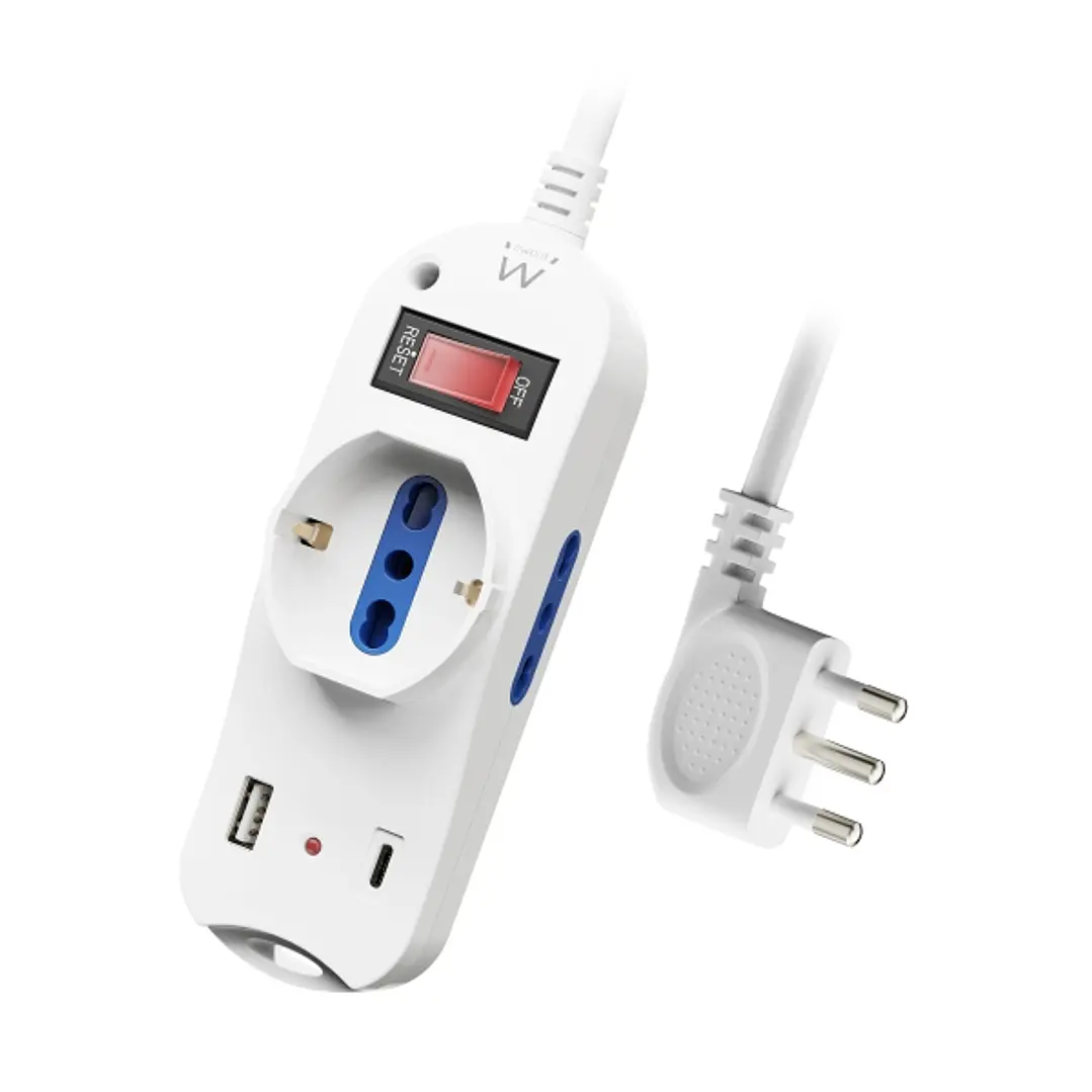 Ewent Regleta con 6 Tomas - 2 Tomas L + 1 Toma L/F (Schuko) - 1x USB-A - 1x USB-C - Enchufe Italiano Plano en Angulo - Interruptor On/Off - Cable de 1 1