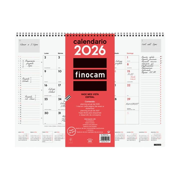 Finocam Vade Calendario de Sobremesa - Anual 2026 - con Espiral - 420x8x320mm - Mes Vista - Color Blanco y Rojo 1
