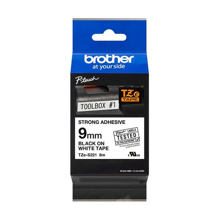 Brother TZeS221 Cinta Laminada Super Adhesiva Original de Etiquetas - Texto negro sobre fondo blanco - Ancho 9mm x 8 metros 1