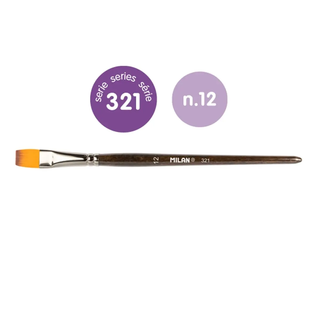 Milan 321 Pack de 6 Pinceles Planos Numero 12 - Bolsa con Colgador - Pelo Sintetico - Color Madera Oscuro 1