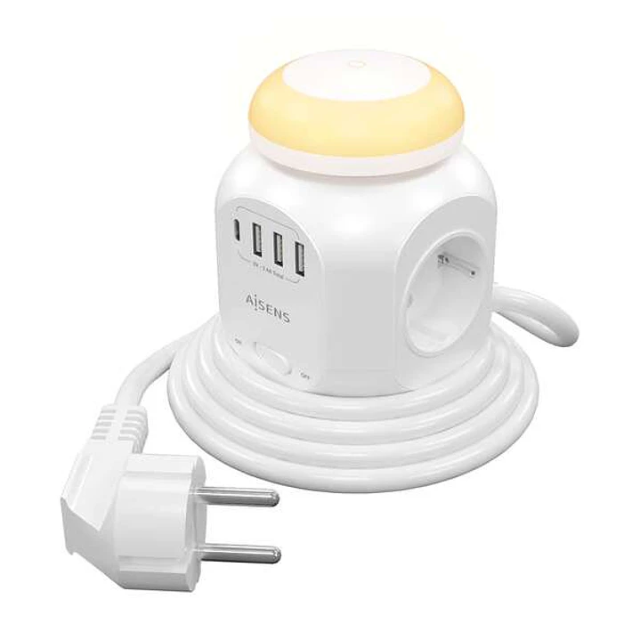 Aisens Regleta de Enchufes Sobremesa Multifuncion con 4 Tomas + 1xUSB-C - 3xUSB-A - Luz Nocturna - 1.8m - Color Blanco 1