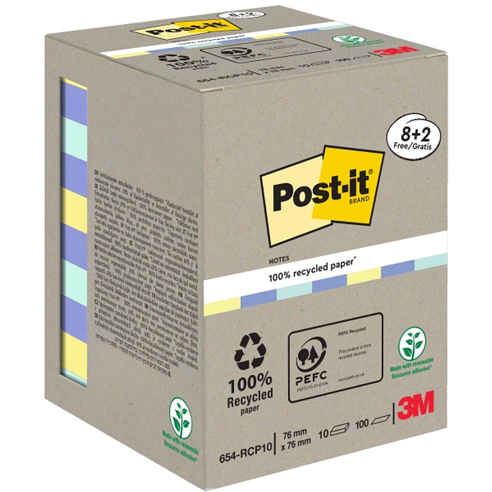 Post-It Pack de 10 Blocs de 100 Notas Adhesivas Recicladas - Forma Cuadrada - 76x76mm - Colores Surtidos 1