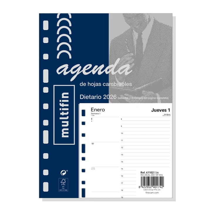 Finocam Recambio Anual 2026 para Agenda - Multiusos - Formato 3002 - 155x17x215mm - 1 Dia por Pagina - Color Blanco 1