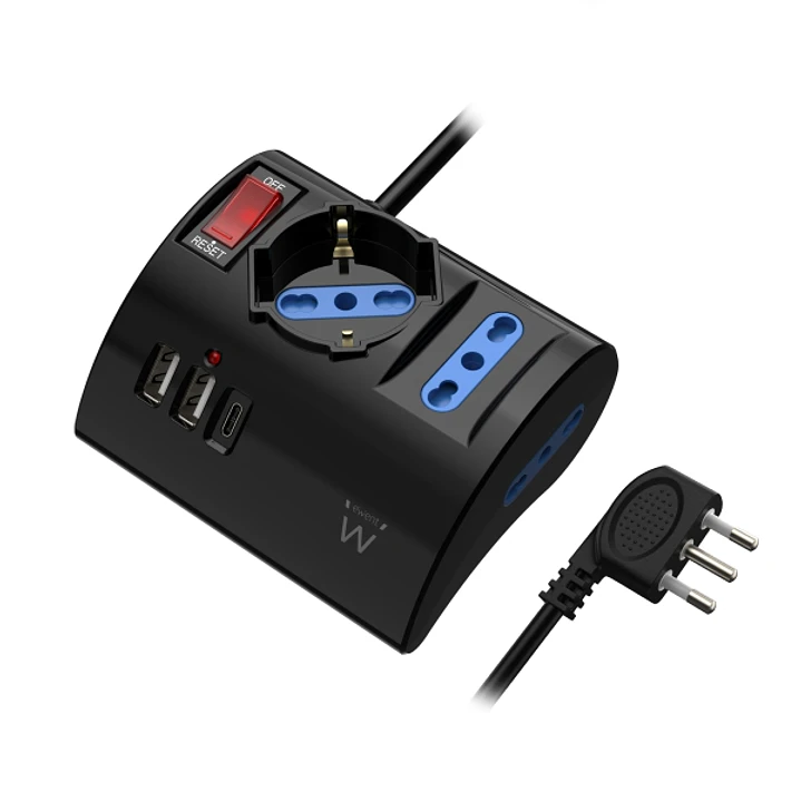 Ewent Regleta con 6 Tomas de Sobremesa - 2 Tomas L + 1 Toma L/F (Schuko) - 2x USB-A - 1x USB-C - Enchufe Italiano Plano en Angulo - Interruptor On/Off 1