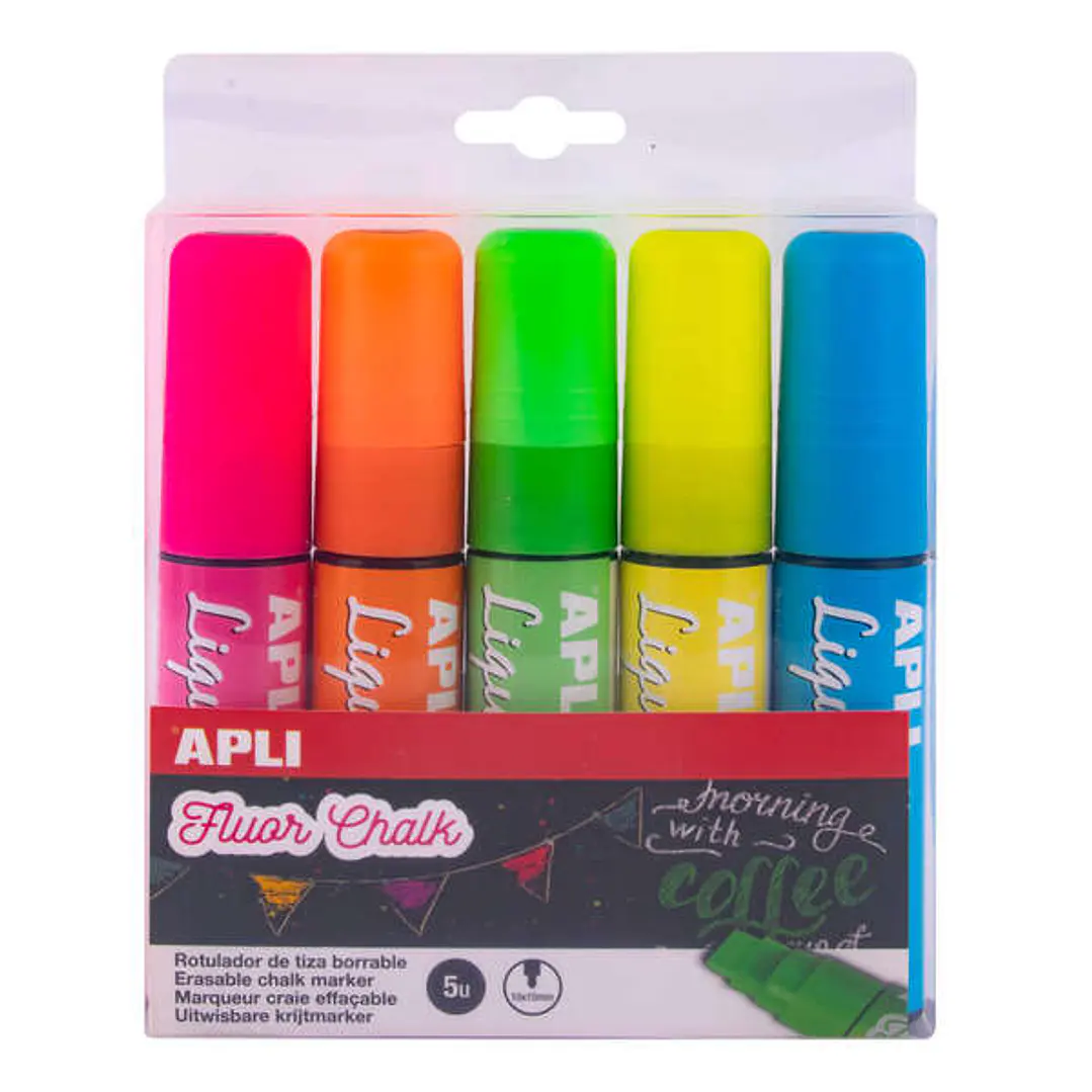 Apli Pack con 5 Rotuladores de Tiza Liquida - Punta Biselada 10x15mm - Para Pizarras y Superficies No Porosas - Colores Surtidos 1