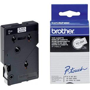 Brother TC201 Cinta Laminada Original para Rotuladora - Texto Negro sobre Fondo Blanco - Ancho 12mm x 7 metros