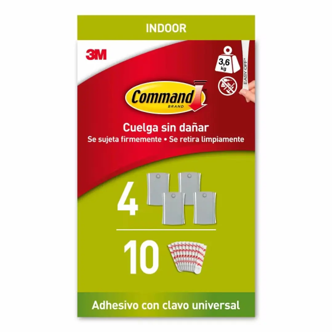 Command Universal Soporte Adhesivo con Clavo para Colgar - 4 Ganchos - 10 Tiras - Grande - Soporta hasta 3.6kg - Color Gris 1