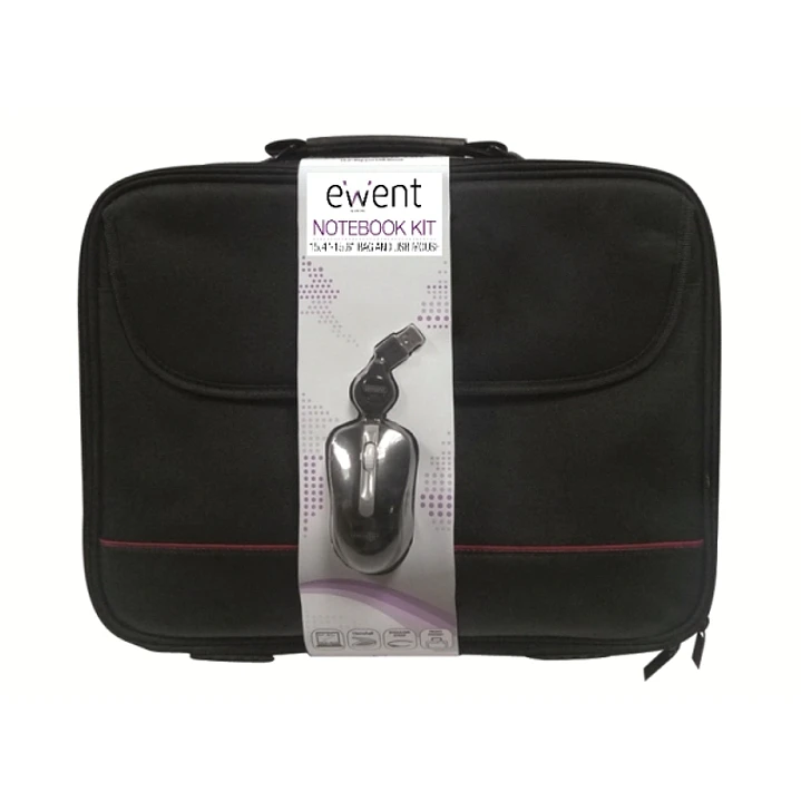 Ewent Maletin para Portatil 15.6” - Incluye Raton Optico USB - Asa de Mano - Correa Ajustable - Poliester - Color Negro/Rojo 1