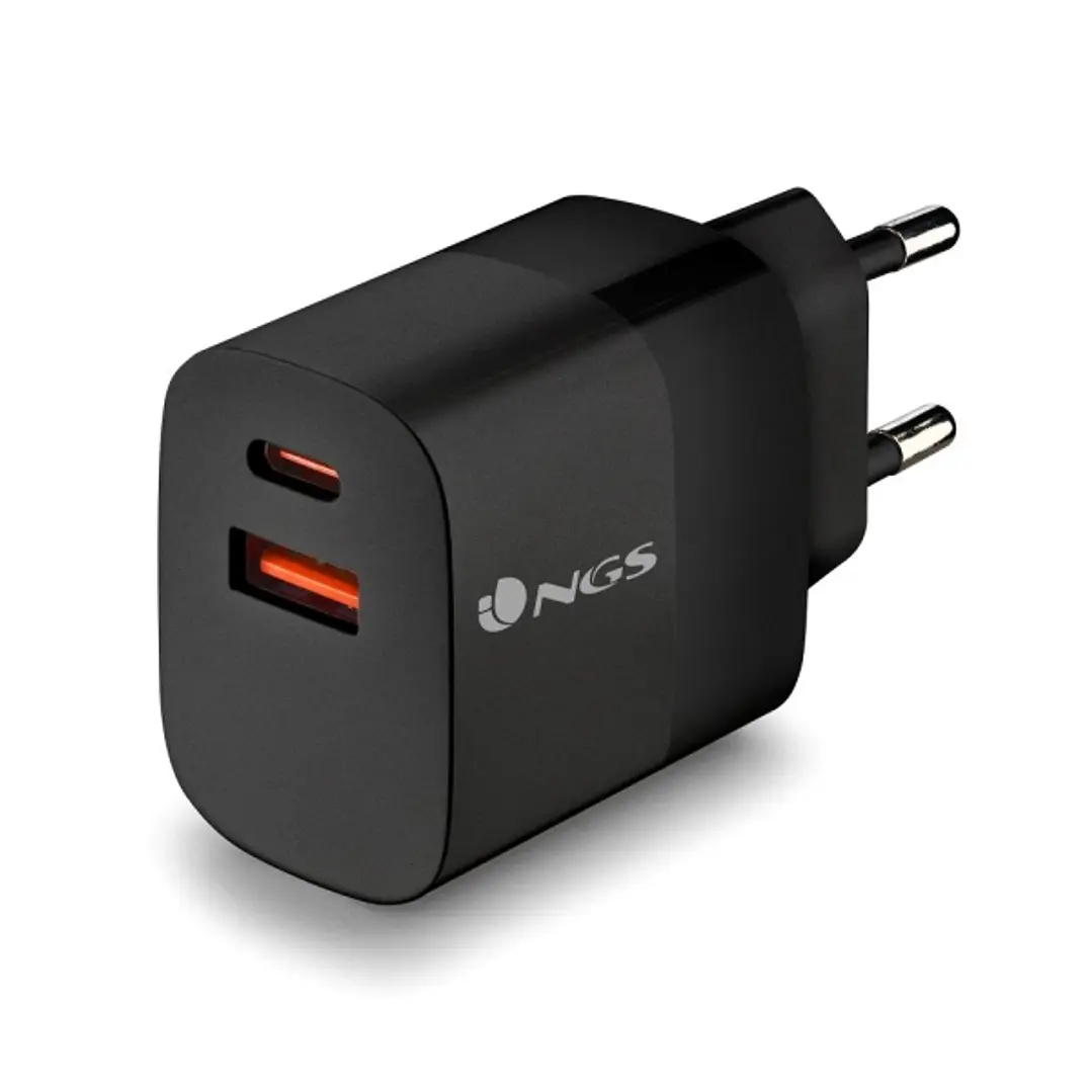 NGS Bud 45W Cargador GaN Universal de Pared 45W Ultrarapido - 1x USB-C PD & PPS, 1x USB-A QC 3.0 - Color Negro 1