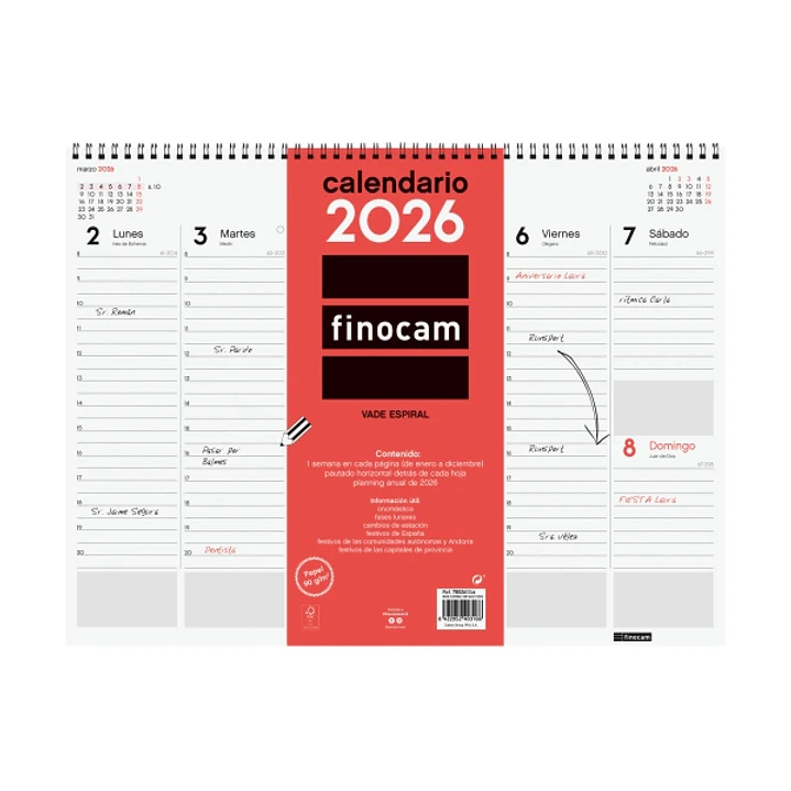 Finocam Vade Calendario de Sobremesa - Anual 2026 - con Espiral - 420x8x320mm - Semana Vista en Vertical - Color Blanco y Rojo 1